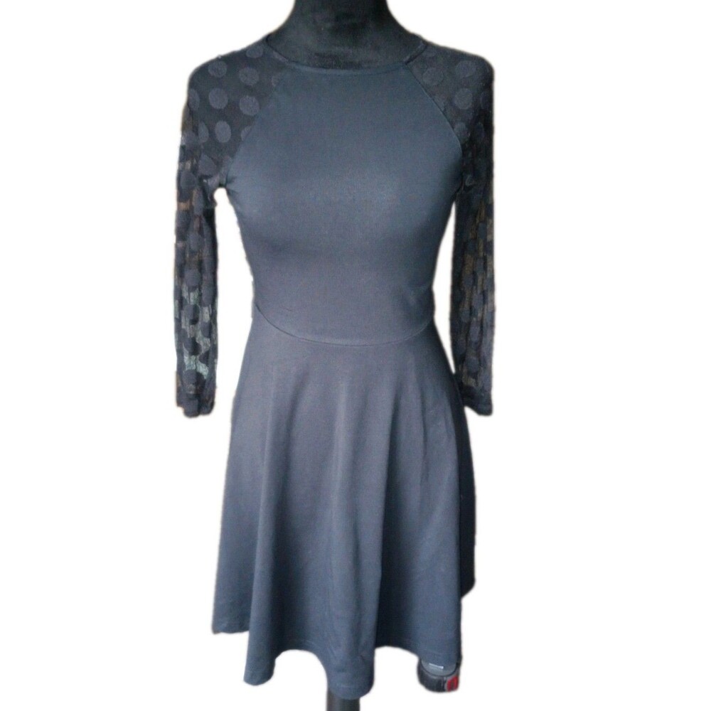 Express Women's XS Black Fit & Flare Skater Mini Dress With Dotted Mesh Sleeves